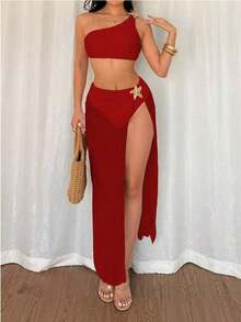 Swim Oasis Conjunto de bikini con top de un solo hombro de onda sólida con acento de estrella de mar de metal, pantalones de talle alto y falda con acento de estrella de mar de malla, perfecto para la playa y las vacaciones - Rojo - Ver 6
