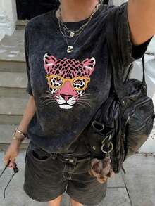 New Summer Blouse With Vintage Leopard Face Print, Round Neck, Tie-Dye, And Short Sleeves. Stylish And Versatile For Women. (Retro Style, Cool Style, Sweet Style, Unisex) - 黑色 - 查看 7