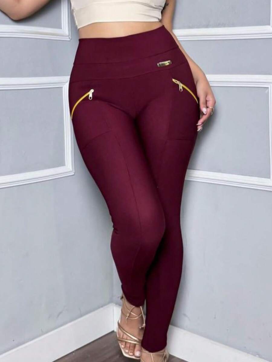 Women's Riding Pants With Grosgrain Fabric, Zipper On Front Pocket, High Waist - Burgundy - View 1