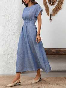 casual de mujer con cuello redondo y mangas tipo murciélago con estampado total - Azul marino - Ver 3