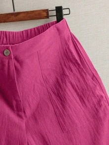 Pantalones de lino minimalistas casuales de unicolor para mujer, talla pequeña - Rosa Fucsia - Ver 7