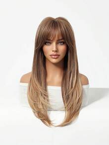 Tóc giả thẳng nhiều lớp màu nâu nhạt ombre dài 22 inch, có mái, chất liệu tổng hợp chịu nhiệt tự nhiên, dành cho nữ, thích hợp sử dụng hàng ngày/công sở/dự tiệc. - Lạc đà - Xem 4