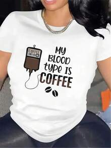 100% Cotton T-Shirt With The Print "My Blood Type Is Brown". | Ideal For Cafes And Kitchens, Durable And Lightweight, Perfect For Everyday Wear, Comfortable Fabric, Fashionable Design For Adults, Crew Neck, Medium Stretch Fabric, Casual Everyday Wear. - 白色 - 查看 7