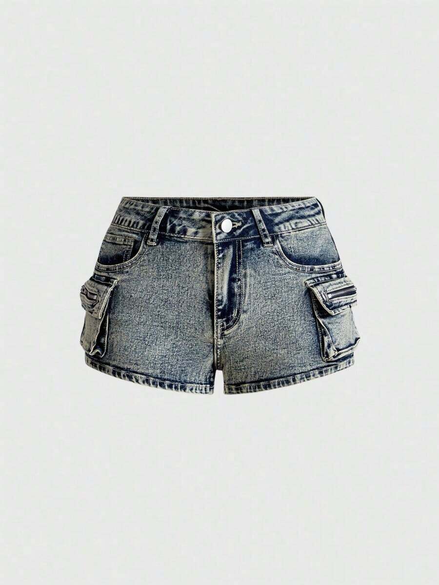 Grunge Punk Conjuntos de verano para mujer: shorts mini de tiro bajo de mezclilla desgastada, estilo de calle punk - Lavado ligero 2 - Ver 1