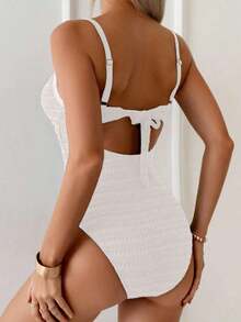 Traje de baño de una pieza sexy para mujer con rayas, encaje cruzado en la espalda - Blanco - Ver 2