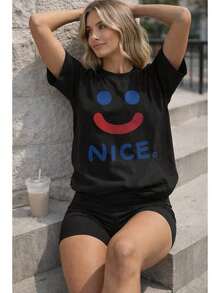 Camiseta casual de cuello redondo para mujer, estampado simple y bonito, minimalista y elegante.Suitable for spring, summer and autumnmaija - Negro - Ver 7