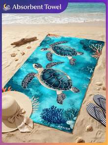 1pc Coral Turtle Print Beach Towel, Swimming Towel, Fashionable Beach Towel, Made Of Soft And Comfortable Microfiber Material With Super Absorbency, Lightweight And Portable, Windproof, UV-Resistant, Anti-Sand, Suitable For Summer Travel And Vacation, Also Can Be Used For Bathroom Decor - Coral Turtle - View 4