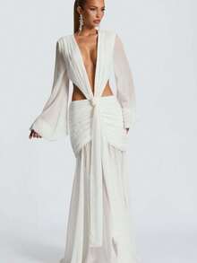 Vestido largo de gasa manga larga espalda descubierta color liso elegante - Blanco - Ver 2