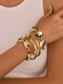 3pcs Asymmetrical Geometric Bangle Bracelet Set, Fashion Exaggerated Style Suitable For Daily Wear, Party, Gift, Jewelry (2 Bracelets Are Plastic Material) - Yellow Gold - View 2