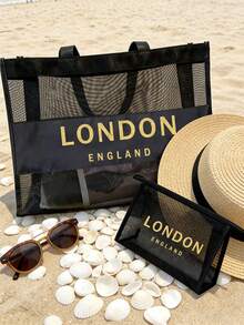 Bộ túi tote lưới in hình London, Anh, màu đen, kèm túi đựng đồ có khóa kéo, túi xách tote trong suốt dung tích lớn, lý tưởng cho bãi biển, hồ bơi, du lịch và sử dụng hàng ngày, túi tote chống thấm nước đựng đồ bơi, khăn tắm và đồ dùng cần thiết, phù hợp cho phụ nữ, du khách và những người yêu thích biển, hoàn hảo cho kỳ nghỉ hè, du lịch và quà tặng ngày lễ, đa năng như túi tote đi biển, túi hồ bơi, túi du lịch và túi mua sắm. - Nhiều màu - Xem 2