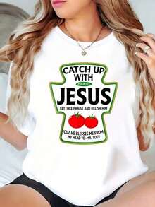 Camiseta Casual Vintage de 1 Pieza con Estampado Gráfico "Catch Up" |   Camiseta de manga corta con cuello redondo, diseño inspirado en la fe religiosa, tela ligeramente elástica, moda para todas las estaciones. - Blanco - Ver 1