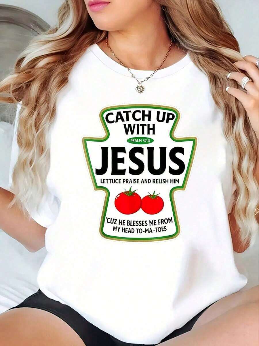 Camiseta Casual Vintage de 1 Pieza con Estampado Gráfico "Catch Up" | Camiseta de manga corta con cuello redondo, diseño inspirado en la fe religiosa, tela ligeramente elástica, moda para todas las estaciones. - Blanco - Ver 1