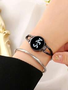 LED Touch Screen Digital Watch Set, Luxury Crystal Bracelet Style Women's Watch - Black - View 5