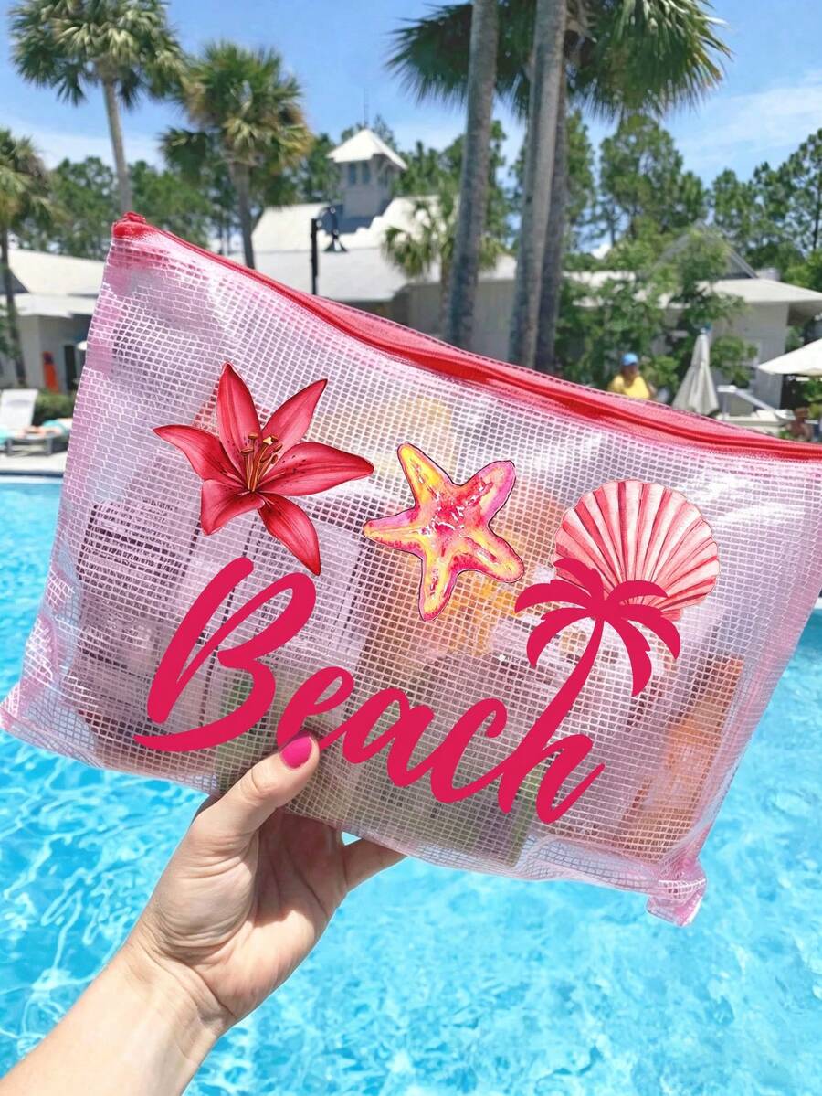 時尚防水PVC海灘包，印有「Beach」貝殼圖案，A4尺寸，透明化妝包、盥洗包，尼龍拉鍊，適合游泳、潛水、夏季度假，輕巧，海灘必備，旅行/開學必備，度假好伴侶