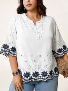 Blusa de verano de talla grande, de unicolor, hueca, bordada, casual, para vacaciones, temporada de bodas, nuevo diseño de playa para mujer - Azul y blanco - Ver 7