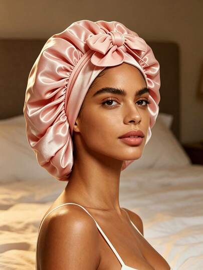 2PCS Round Hat Bow Ribbon Sleep Cap Set Satin Sleep Bonnets For Women - Pink Hair Bonnet With Bow & Tie Band, Soft Silk Night Cap For Curly Hair, Overnight Hair Care, Anti-Frizz Hair Wrap
