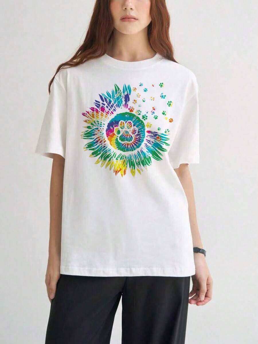 Women's Short-Sleeved T-Shirts With Interesting Prints, Beautiful Clothing. White T-Shirt With A Floral Tie-Dye Print For Casual And Everyday Wear. - 白色 - 查看 1