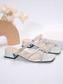 Versatile Square Toe Chunky Heel Sandals, Fashionable French Style Crystal Embellished High Heels Suitable For Party, Commuting In Summer, Block Heels - Silver - View 7