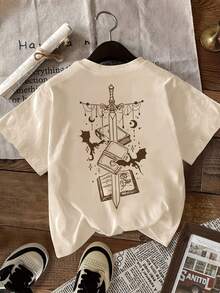 Camiseta de mujer con estampado de verano de doble cara vintage - Estampado de dragón de la Academia de  Basjiat, adecuada para verano y primavera, la ropa de mujer es sencilla, cómoda, holgada, con cuello redondo en forma de Y, a la moda. - Albaricoque - Ver 3