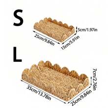 3pcs/Set (S+M+L)/1pc Handmade Woven Rattan Basket, Fan-Shaped Wavy Edge Water Hyacinth Rectangular Storage Basket, Coffee Table Decor Rattan Tray, Bohemian Style Stationery, Wardrobe, Toy, Cosmetic Storage Basket, Holiday Decor Gift Basket - Khaki - View 15