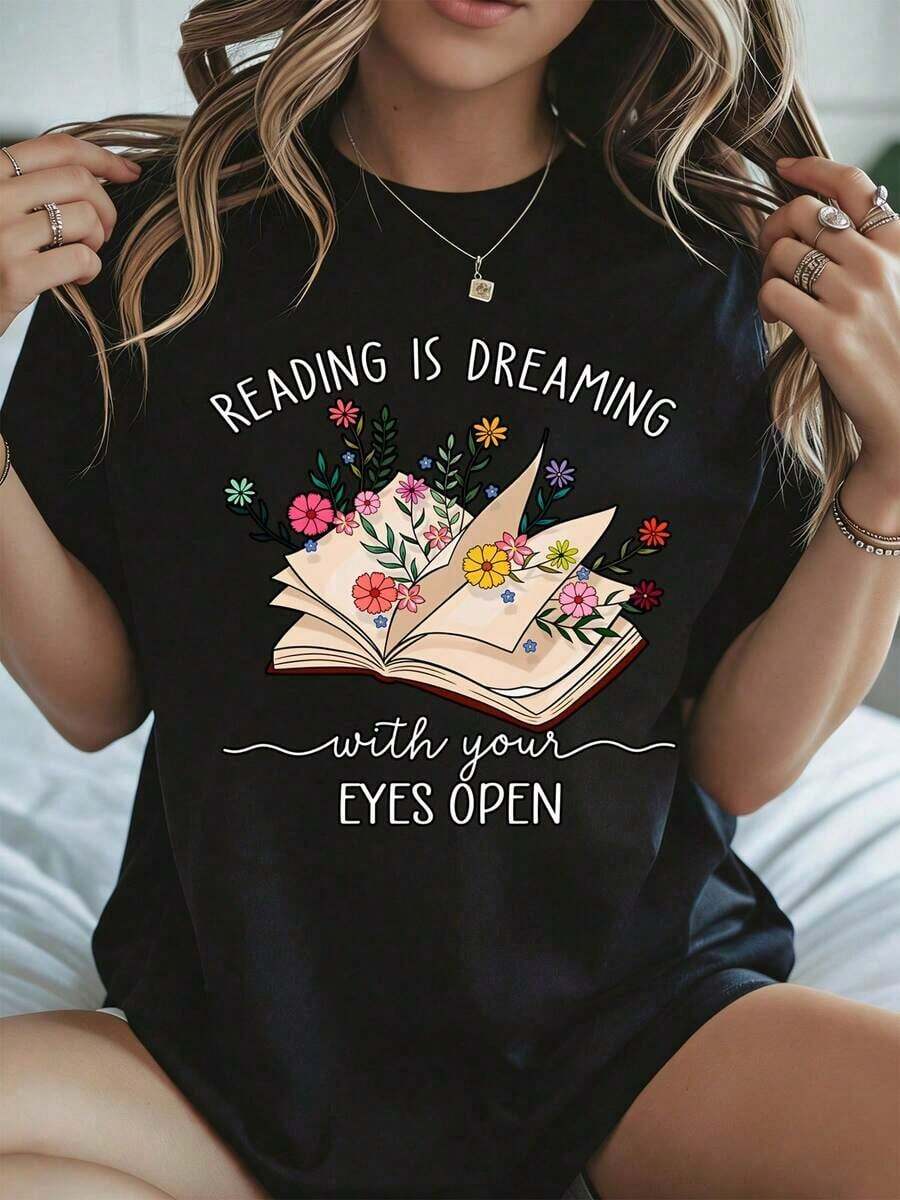 Camiseta Casual para Mujer con Estampado Floral de Libros y la Frase "Leer es Soñar con los Ojos Abiertos", Blanca, para Verano, Ideal para Relajarse en Casa y Leer. - Negro - Ver 1