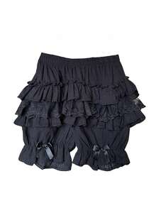Pantalones cortos bombachos con diseño en capas tipo pastel y borde de encaje para mujer, cintura elástica con lazo, corte holado antideslizante, ideal para uso diario y estilo Lolita en primavera y verano - Negro - Ver 1