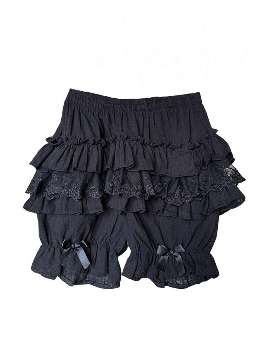 Pantalones cortos bombachos con diseño en capas tipo pastel y borde de encaje para mujer, cintura elástica con lazo, corte holado antideslizante, ideal para uso diario y estilo Lolita en primavera y verano - Negro - Ver 1