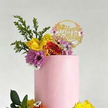 3 Stücke/1 Stück Gold Acryl Material Geburtstagskuchen Topper mit Blumenkranz und Blumen, geeignet für elegante Geburtstagsparty, Brautparty und Desserttisch Dekoration - Verschiedenfarbig - Übersicht 5