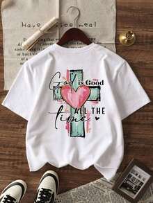 Camiseta Vintage de Manga Corta para Niñas con Estampado de Lema Religioso "God Is Good", Estilo Americano Oversize con Grafiti de Cruz y Corazón, Transpirable, Casual, Estampado Frontal y Trasero, para Uso Diario. - Blanco - Ver 2