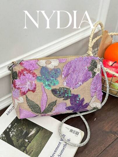 1 pieza Bolso cruzado mini con lentejuelas florales brillantes, bolso de hombro con cadena bordada de flores bohemio, embrague brillante de fiesta de moda, bolso versátil y lindo para uso diario/cita/noche para mujer