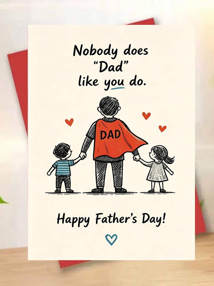 1 pieza, Tarjeta del Día del Padre "Feliz Día del Padre" dibujada a mano. Incluye sobre, papel de arte premium. Diseño de boceto de papá con capa y niños. Perfecto para celebrar la paternidad - la tarjeta adorable ideal (12cm/4.7in X 17cm/6.7in) - Sobre rojo - Ver 1