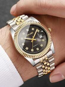 2 piezas/Set Juego de relojes para pareja en negro & dorado, incluye 1 pieza reloj de cuarzo dorado de esfera grande para hombre y 1 pieza reloj de cuarzo dorado de esfera pequeña para mujer. Diseño clásico bicolor con bisel estriado y esfera adornada con brillantes de strass. - Multicolor - Ver 2