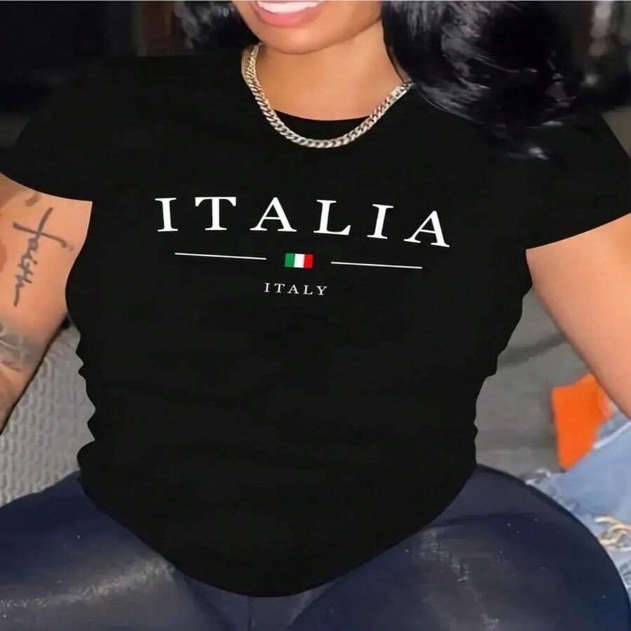 Women's Italia Italy Print Cotton Round Neck Short Sleeve Regular Fit Casual T-Shirt - Negro - Ver 1