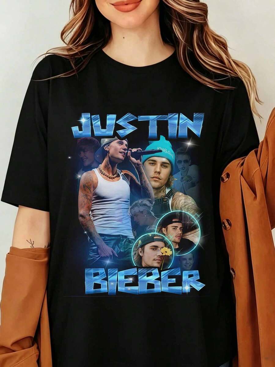 Justins Biebers T-Shirt, Popstar Vintage Collage Graphic Print Blue T-Shirt, Unisex Casual Music Lover Fan Merchandise Aesthetic Retro Streetwear Summer Short Sleeve Crew Neck - Black - View 1