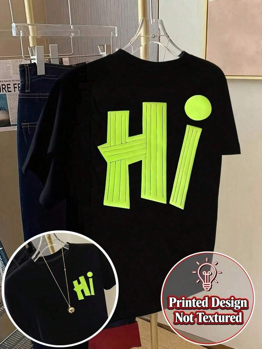Gift Short Sleeve Printed T-Shirt [Double Print On Front And Back] -  Fluorescent Green Print - Fashionable Printed T-Shirt For Women Spring/Summer, Fashion Item - Unisex Loose Cotton Short Sleeve Crew Neck T-Shirt Vintage Urban Soft - 黑色 - 查看 1
