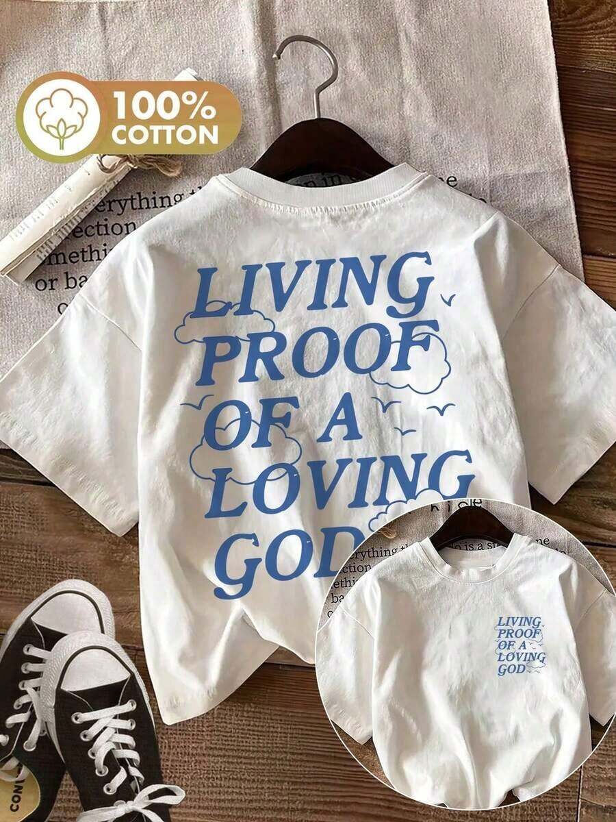 GiftTop casual de verano para mujer con estampado de doble cara que presenta un diseño minimalista de nubes y pájaros, LIVING PROOF OF A LOVING GOD, camiseta de manga corta pura con cuello redondo estampadoSoft - [Blanco] - Ver 1