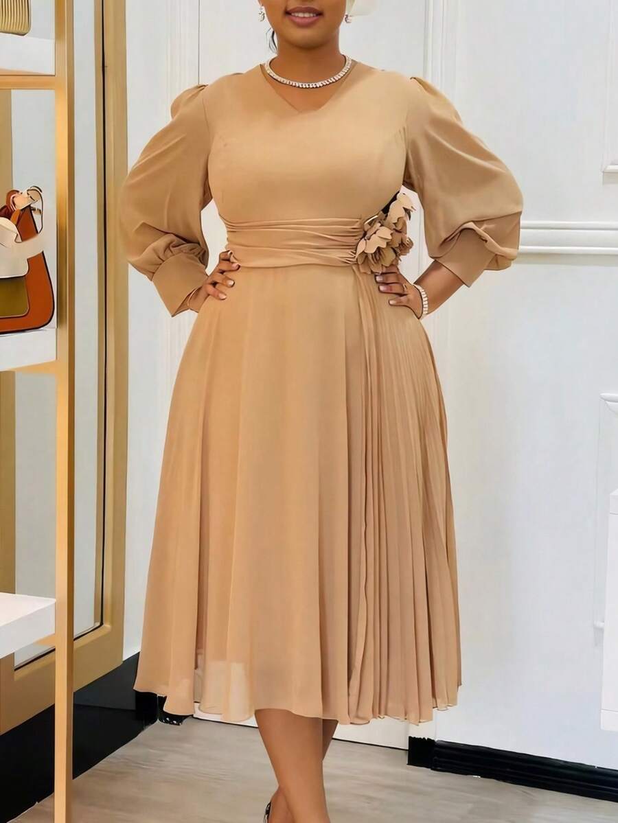 Vestido en corte A de color liso, elegante y con estilo, nueva llegada de primavera para tallas grandes - Caqui - Ver 1
