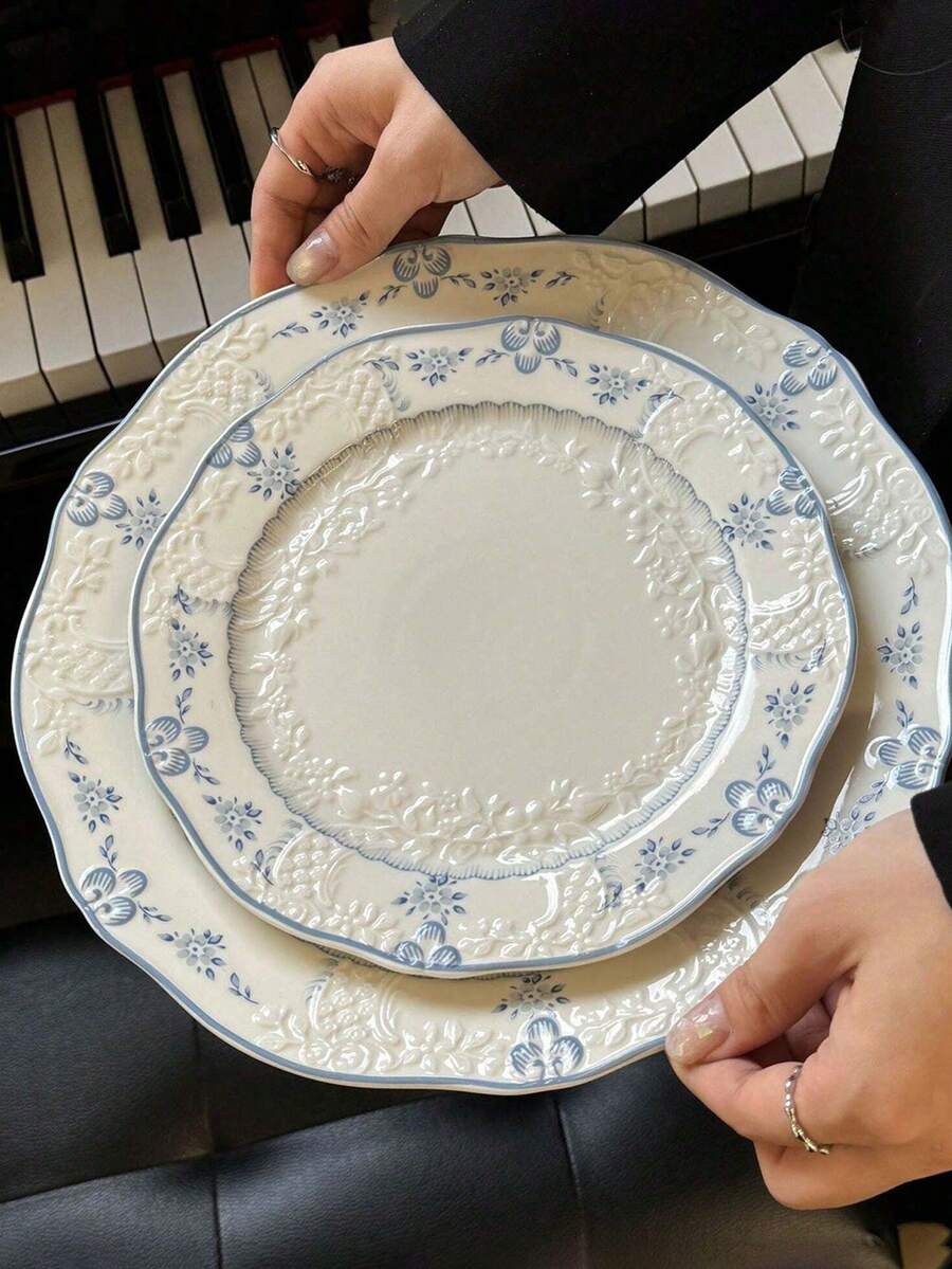 Cabin Kangaroo 1pc French Vintage Style Tableware, Exquisite Craftsmanship, Blue Tone, Ruffled Edge Design, Embossed Ceramic Technique, Dessert Bowl, Breakfast Bowl, Soup Plate, Showcasing French Charm, Elegant Dining Experience. - Multicolor - View 1