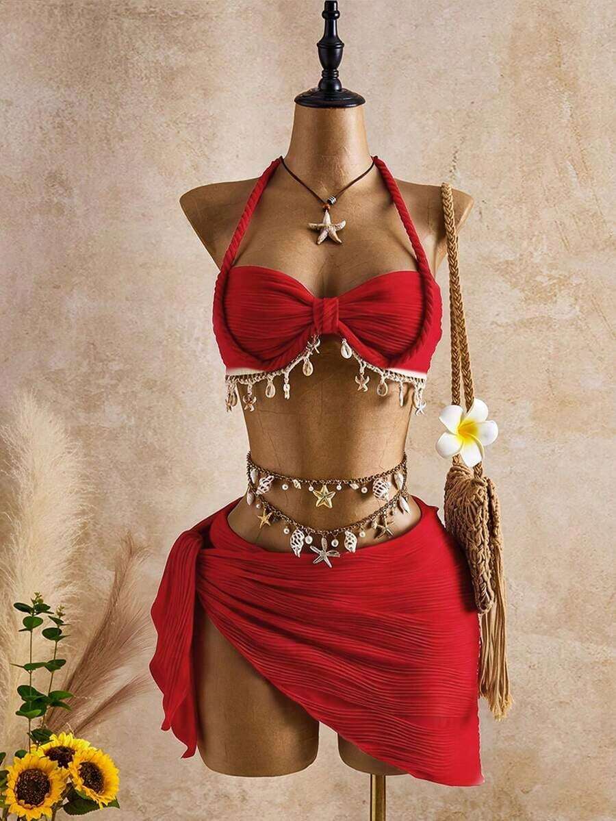 Bellisia Conjunto de tankini de mujer con tirantes finos, patrón de onda beige con decoración de concha marina y estrella, para primavera/verano/otoño, conjunto de ropa de vacaciones para mujer, traje de baño de bikini con cobertura, conjunto de ropa de verano para mujer de 2 piezas - Rojo - Ver 1