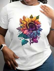 Camiseta de manga corta para mujer, blanca, con estampado floral de girasoles coloridos, ropa casual para salidas diarias y amantes de la naturaleza. - Blanco - Ver 1