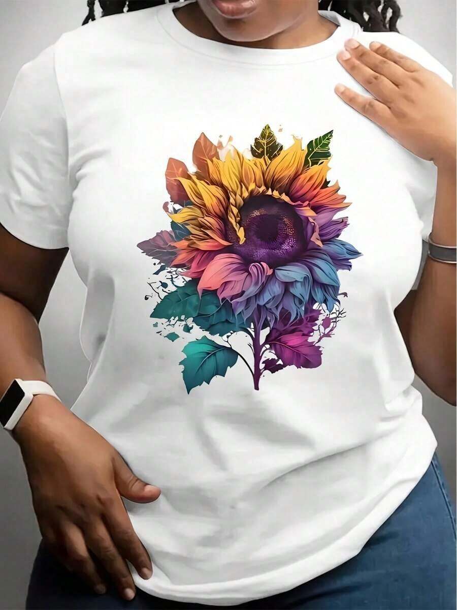 Camiseta de manga corta para mujer, blanca, con estampado floral de girasoles coloridos, ropa casual para salidas diarias y amantes de la naturaleza. - Blanco - Ver 1
