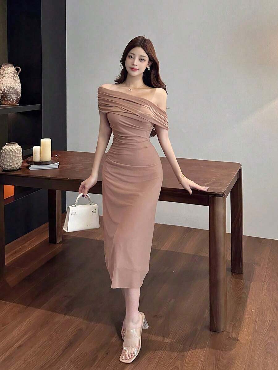 Vestido de hombros abiertos de unicolor, vestido de fiesta elegante para cumpleaños, Año Nuevo, baile de graduación, vestido de cóctel de hombros descubiertos de largo maxi - Rosa vieja - Ver 1
