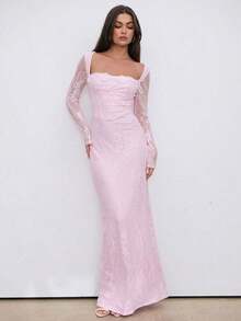 Vestido negro ajustado hasta el suelo con cuello corsé ahuecado y mangas largas con encaje en forma de S sexy para mujer para fiestas, citas y banquetes de otoño/invierno nuevo - Rosa Pálido - Ver 1