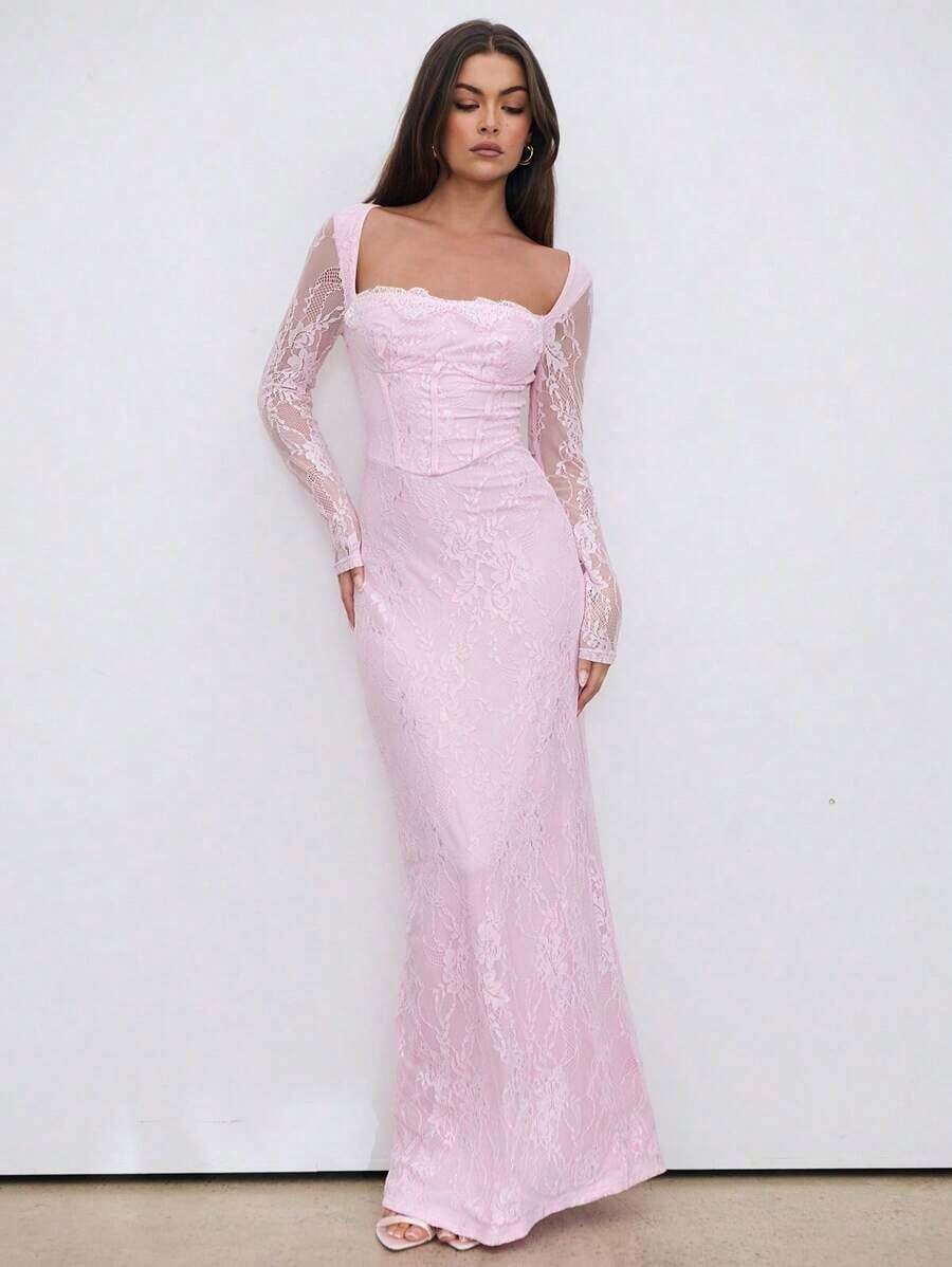 Vestido negro ajustado hasta el suelo con cuello corsé ahuecado y mangas largas con encaje en forma de S sexy para mujer para fiestas, citas y banquetes de otoño/invierno nuevo - Rosa Pálido - Ver 1