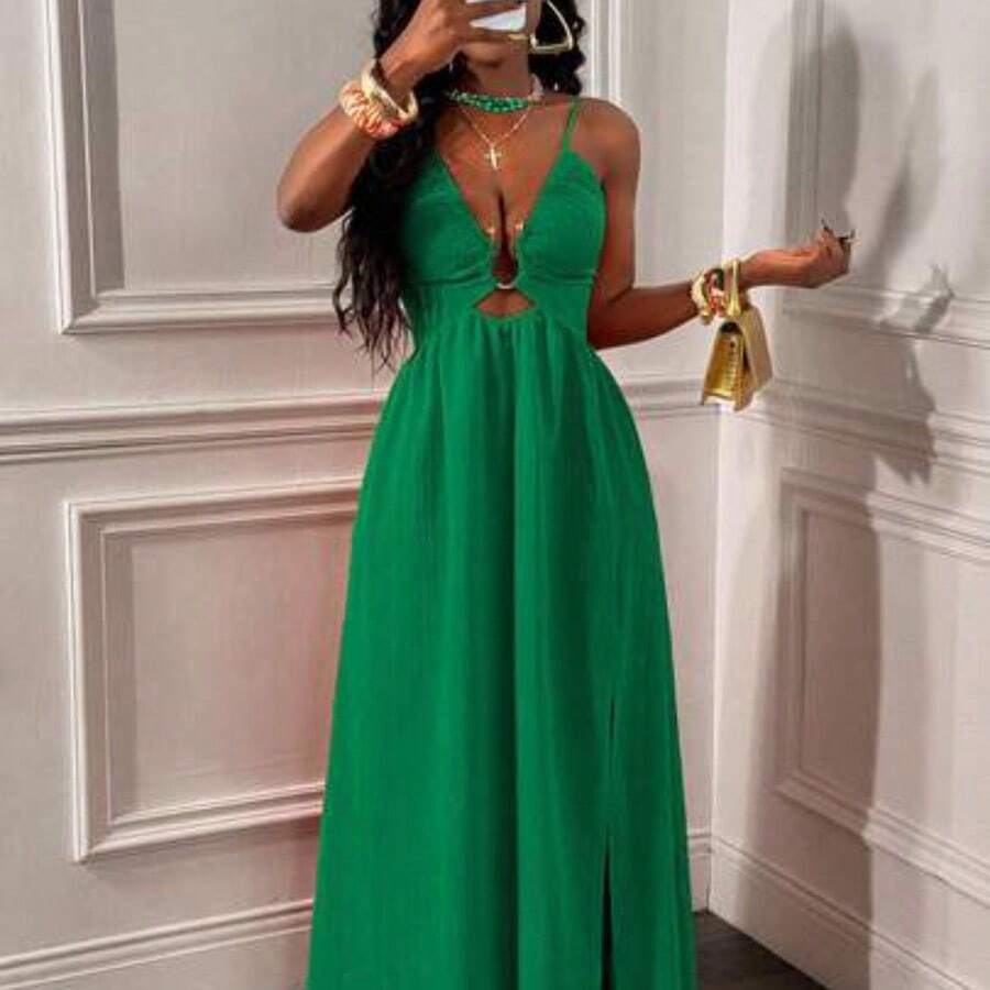 Women's Sexy Spaghetti Strap Backless Criss-Cross Front Hollow U-Shaped Buckle Ruched Hem High Slit Dress Women Vacation Dress Orange Maxi Dress - Verde - Ver 1
