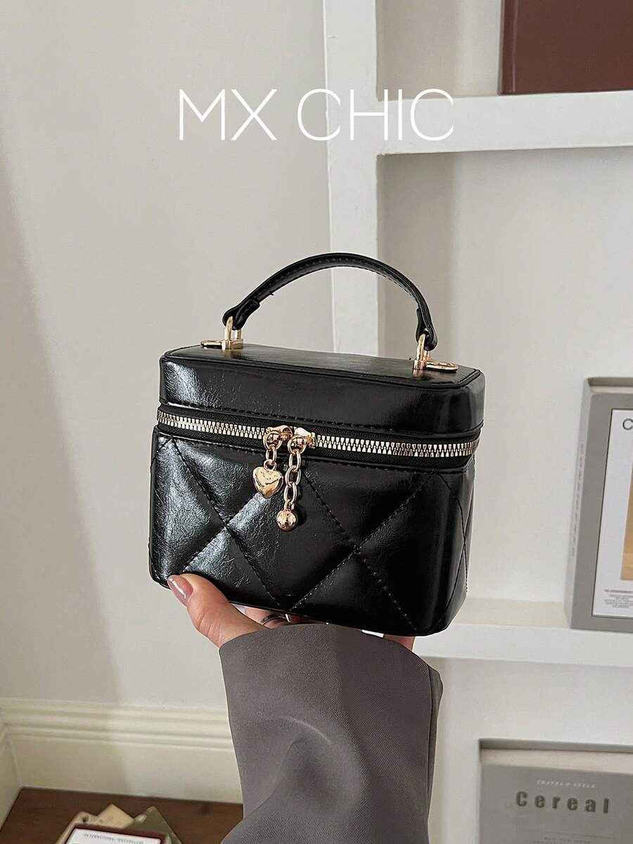 1pc Mini Women's Handbag, Fashion Solid Color Embroidered Rhombus Pattern Crossbody Bag, Suitable For Holding Cards And Keys - Black - View 1