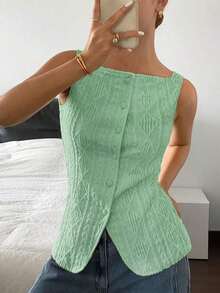 Camisa informal sin mangas con textura geométrica y abotonadura sencilla para mujer - Verde 2 - Ver 1