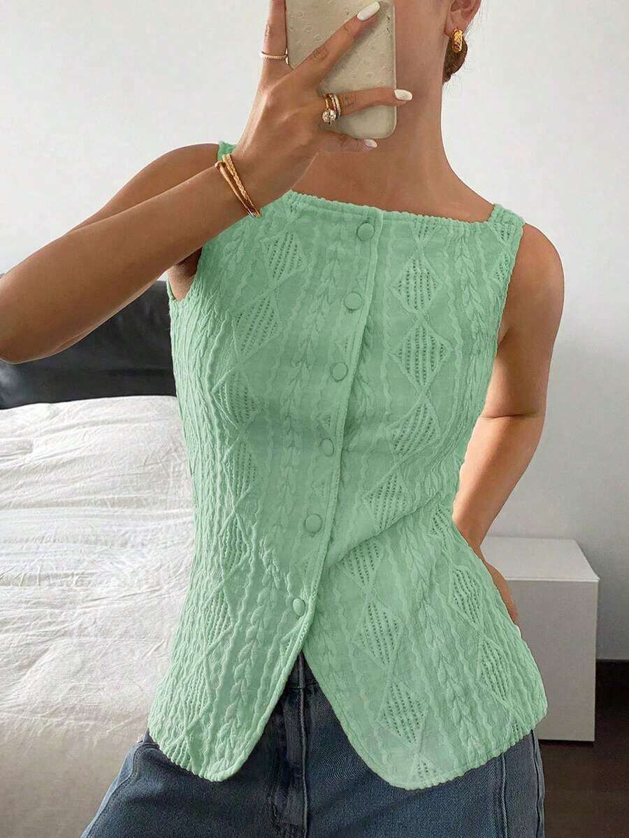 Camisa informal sin mangas con textura geométrica y abotonadura sencilla para mujer - Verde 2 - Ver 1