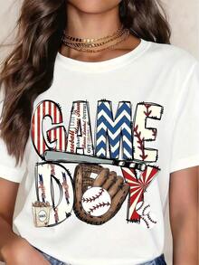 1 pieza de ropa para mujer, camia blanca con estampado de guante de béisbol, camias, top blanco, camias gráficas para mujer, camia unisex casual de cuello redondo, tejido de punto ligero de 220 g/m², lavable a máquina, para primavera/verano/otoño, Día de la Independencia, Día de los Caídos, Día del Trabajo, transpirable y cómoda. - Blanco - Ver 2