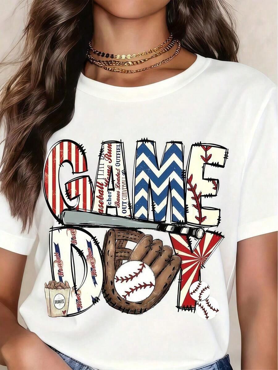 1 pieza de ropa para mujer, camia blanca con estampado de guante de béisbol, camias, top blanco, camias gráficas para mujer, camia unisex casual de cuello redondo, tejido de punto ligero de 220 g/m², lavable a máquina, para primavera/verano/otoño, Día de la Independencia, Día de los Caídos, Día del Trabajo, transpirable y cómoda.
